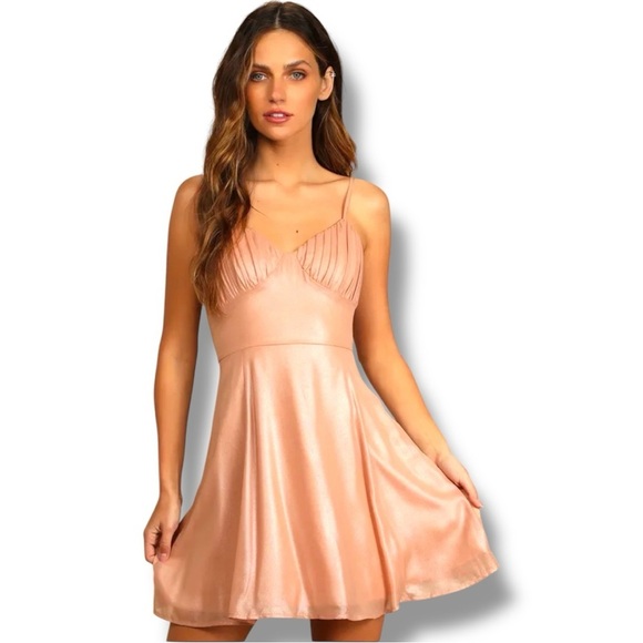Lulu’s Shiny Peach Spaghetti Strap Pleated Cups Mini Formal Style Sundress - Picture 2 of 16